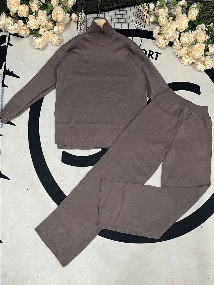 Women's Knit 2-Piece Set – High-Waist Wide-Leg Pants