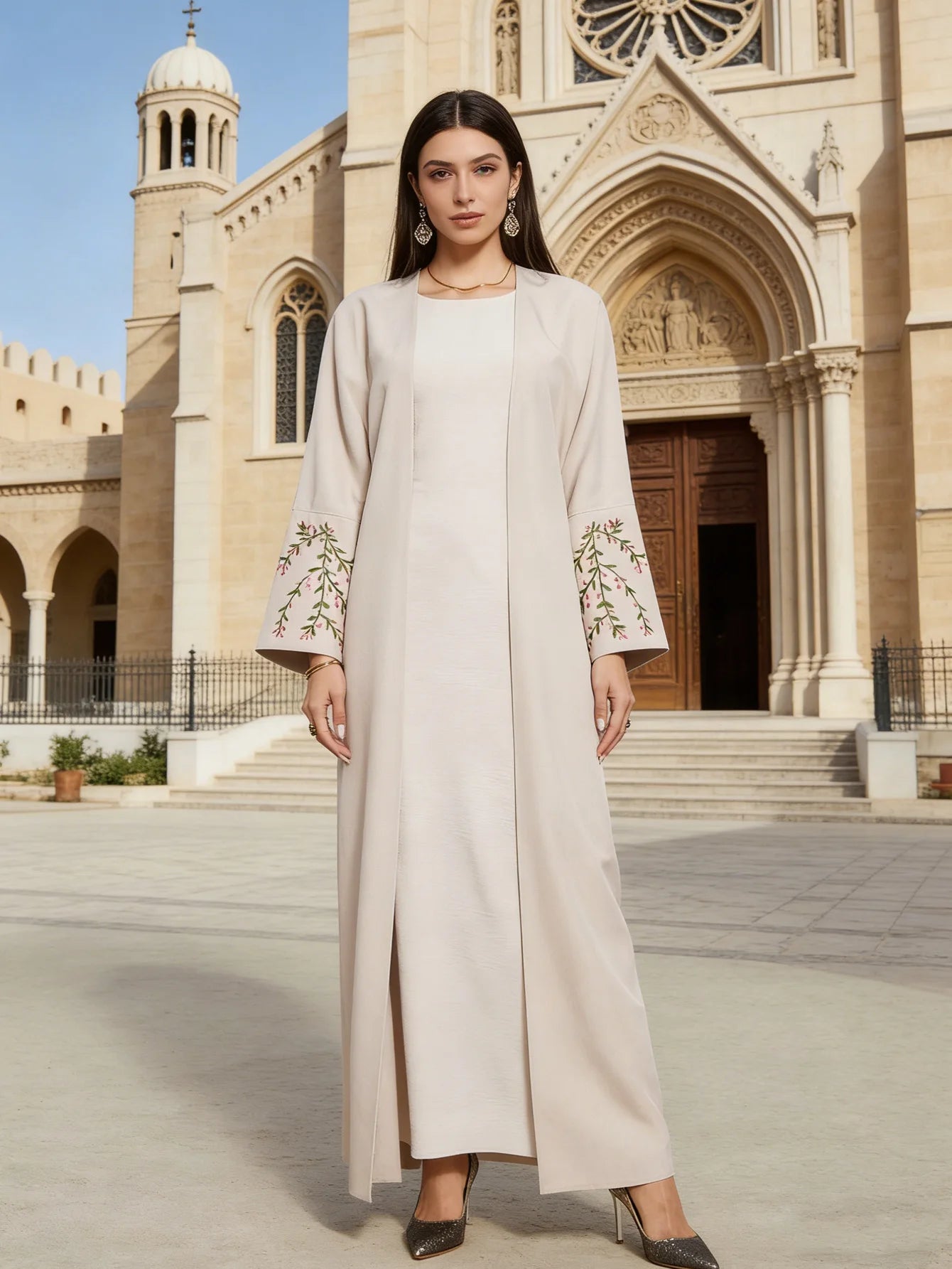 Floral Embroidery Linen Kimono Abaya