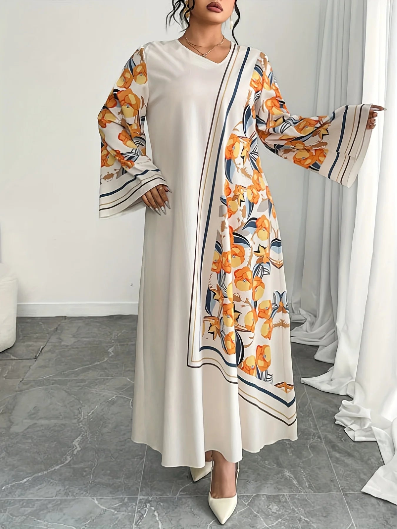 Plus Size Ethnic Print V-Neck Long Sleeve Gown