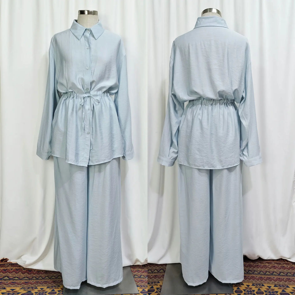 Shirts Suit Women Eid Shirt Wide Leg Pants 2 Piece Set Muslim Morocco Top Trousers Outfits Drawstring Ramadan Dubai Ensemble