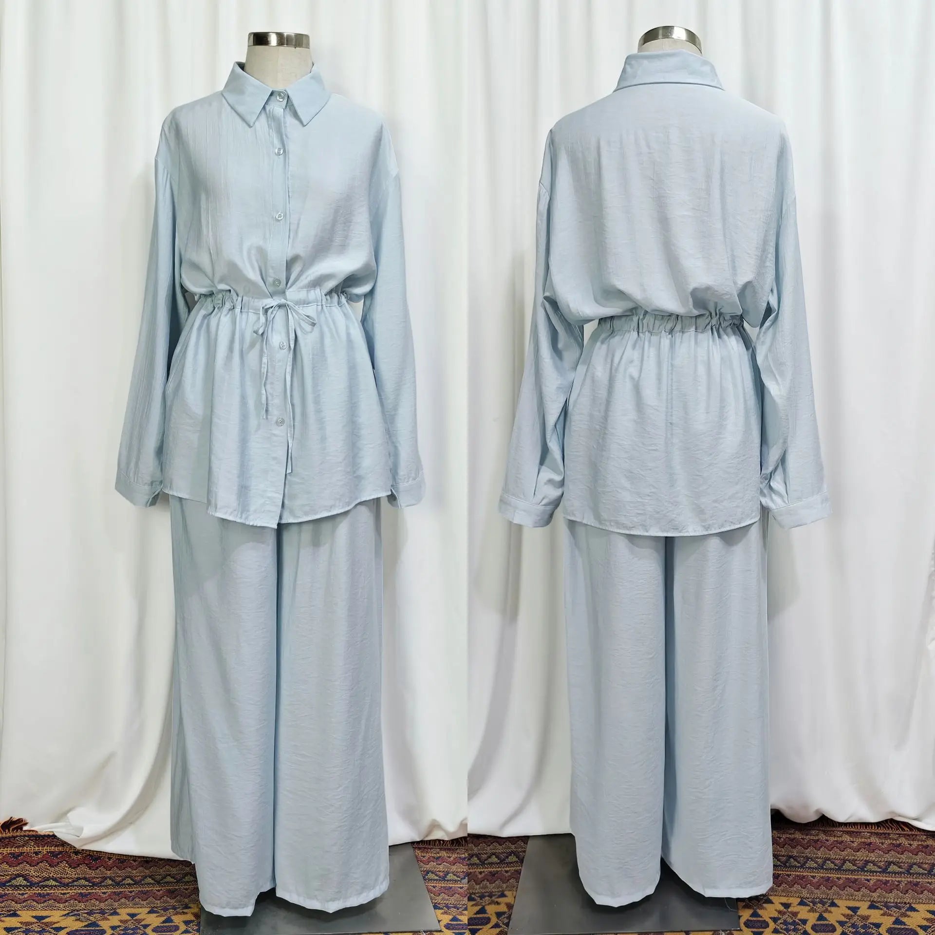 Shirts Suit Women Eid Shirt Wide Leg Pants 2 Piece Set Muslim Morocco Top Trousers Outfits Drawstring Ramadan Dubai Ensemble