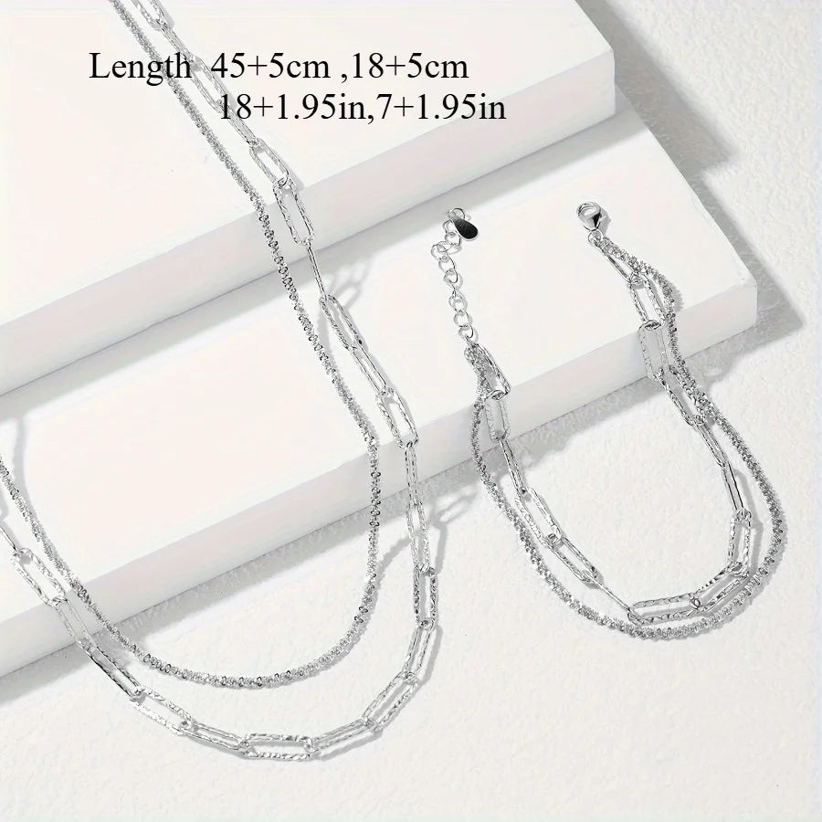 925 Sterling Silver Paperclip Chain Necklace & Bracelet Set