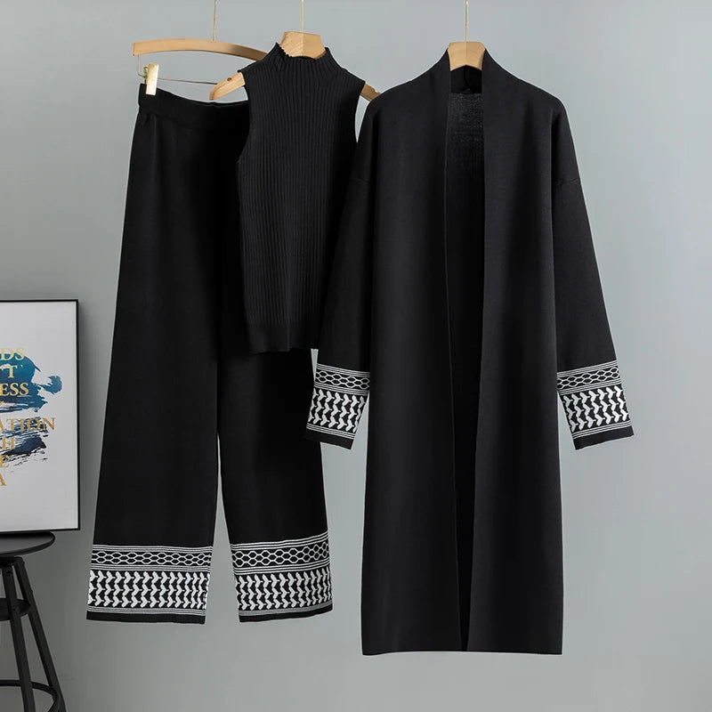 Plaid 3-Piece Set – Elegant Knit Top & Wide-Leg Pants