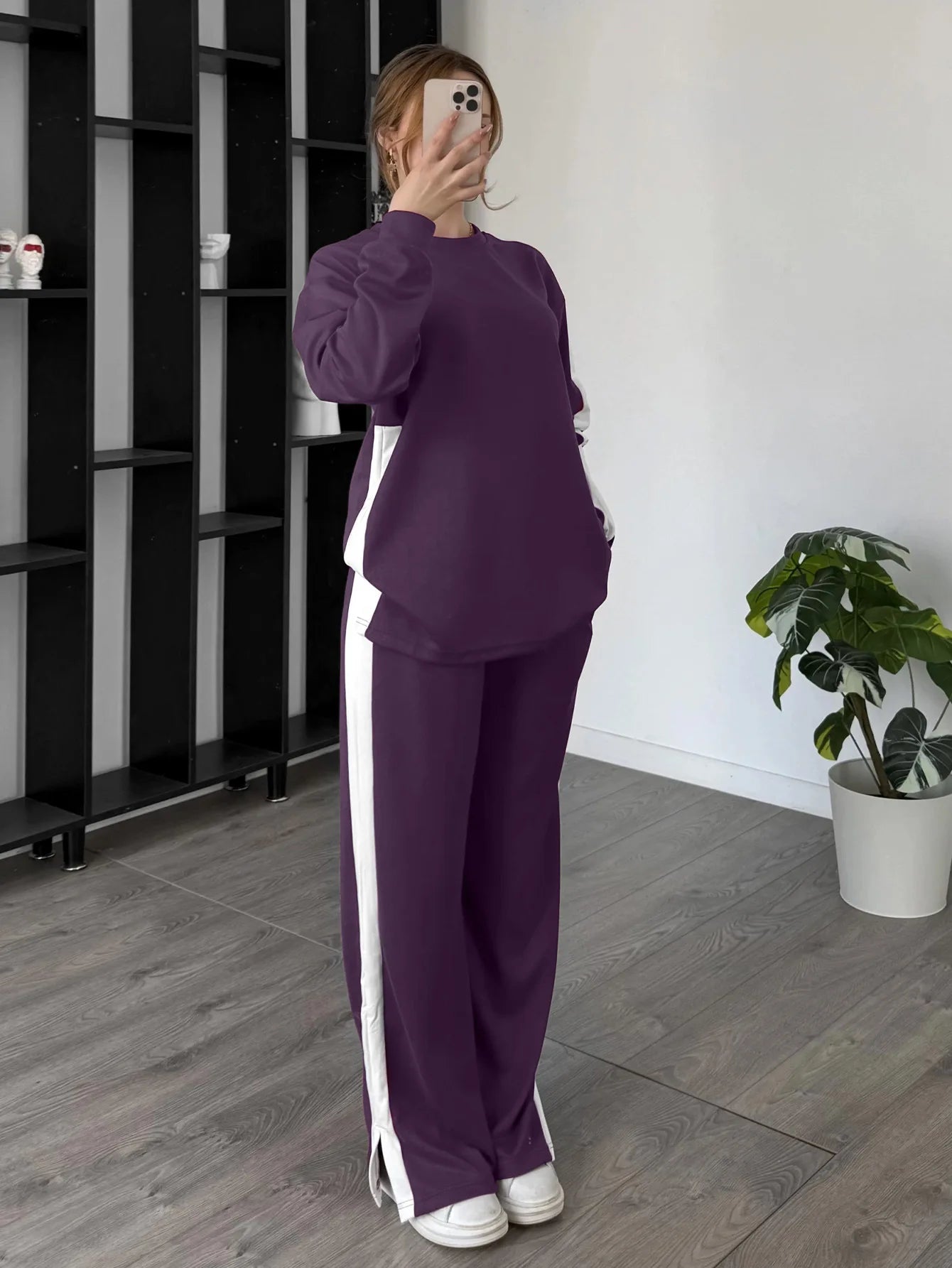 Women's Casual Color Matching Sports Two-piece Set Spring Autumn Fashion Round Neck Top+pants Suit With Slit Design Lady Outfit