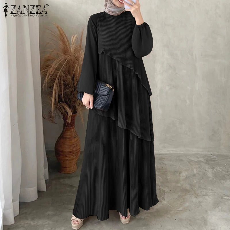 Layered Plissé Lantern Sleeve Abaya Maxi Dress