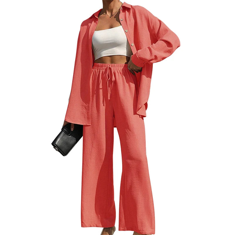 Button Shirt & Wide Leg Pants Two-Piece Set