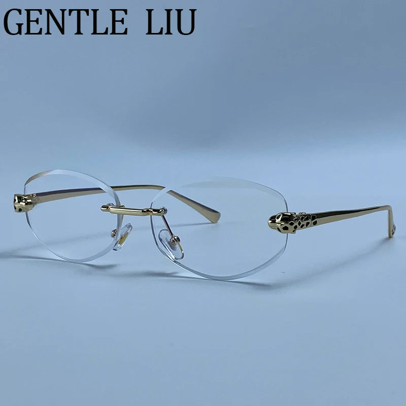 Vintage Hexagon Rimless Sunglasses Women 2026 Luxury Brand Trendy Gold Leopard Head Y2K Punk Sun Glasses Travelling Eyewear