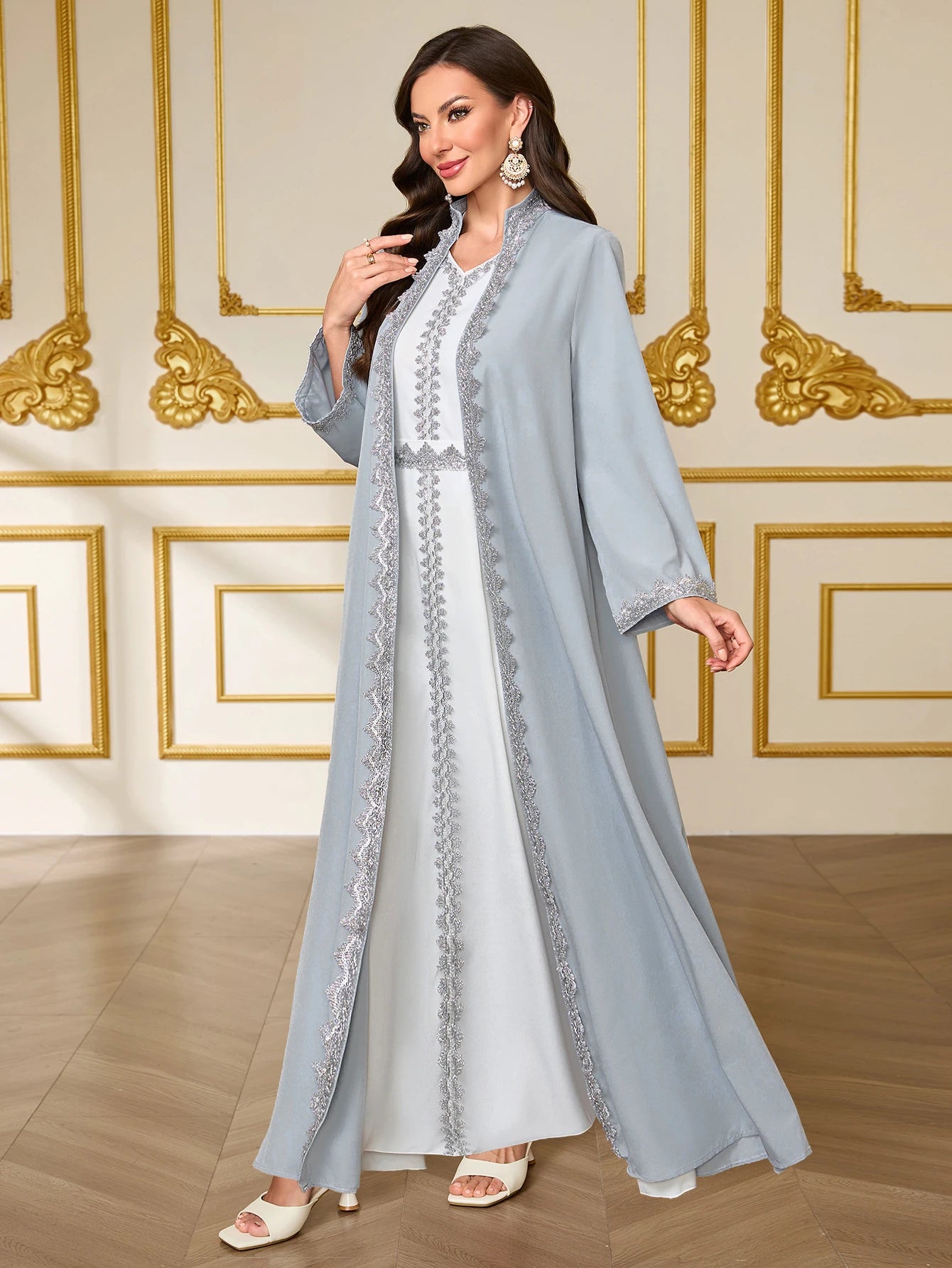 French-Style Lace Embroidered Open Abaya Dress Set
