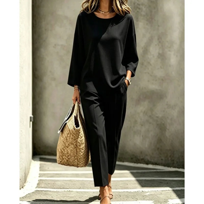 Casual Solid Color Two-piece Set Women's Spring Autumn Simple Round Neck Loose Top+pants Suit Fashion Street Outfit For Ladies