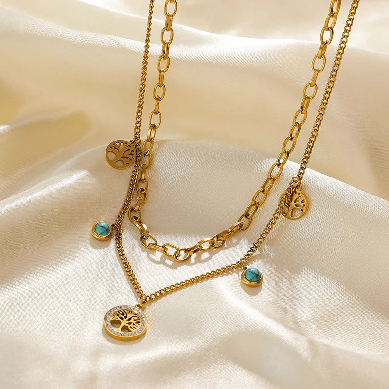 Green Stone Multilayer Pendant Necklace