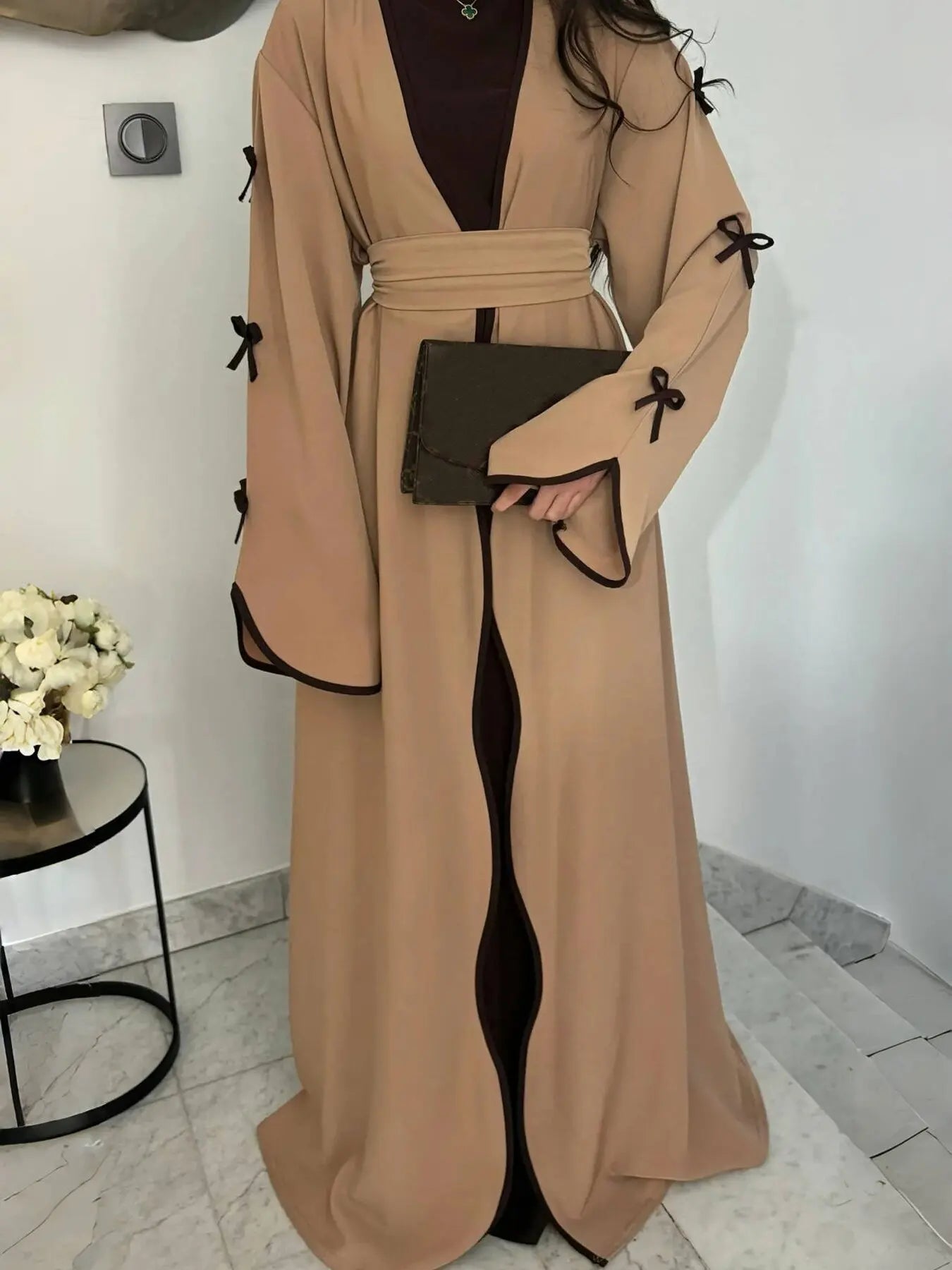 Bow Lace-Up Floral Kaftan Abaya Dress
