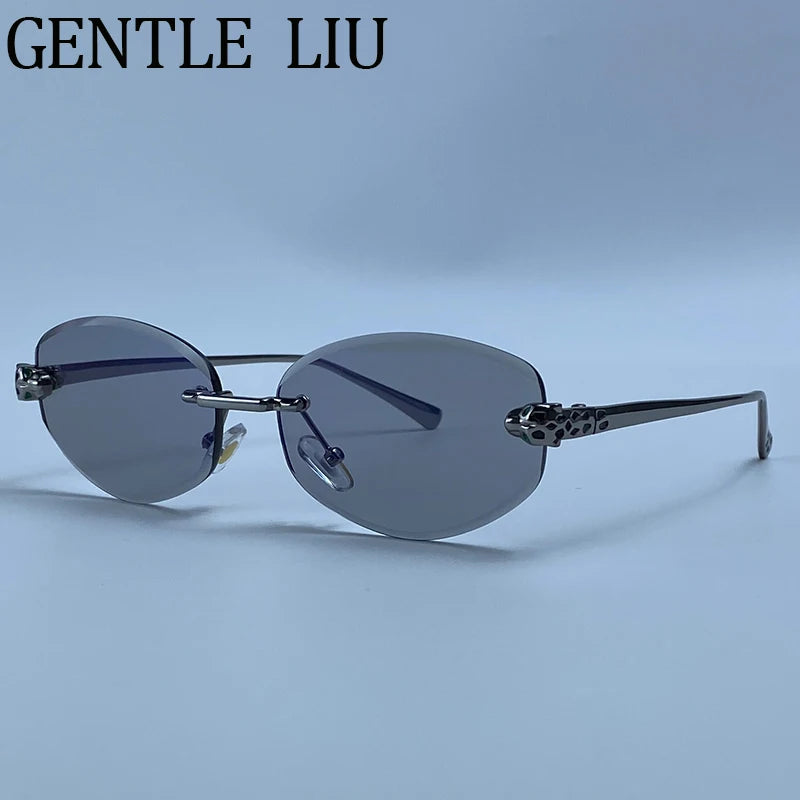 Vintage Hexagon Rimless Sunglasses Women 2026 Luxury Brand Trendy Gold Leopard Head Y2K Punk Sun Glasses Travelling Eyewear