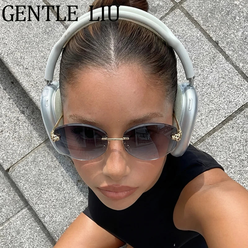 Vintage Hexagon Rimless Sunglasses Women 2026 Luxury Brand Trendy Gold Leopard Head Y2K Punk Sun Glasses Travelling Eyewear