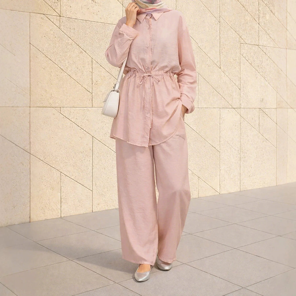 Shirts Suit Women Eid Shirt Wide Leg Pants 2 Piece Set Muslim Morocco Top Trousers Outfits Drawstring Ramadan Dubai Ensemble
