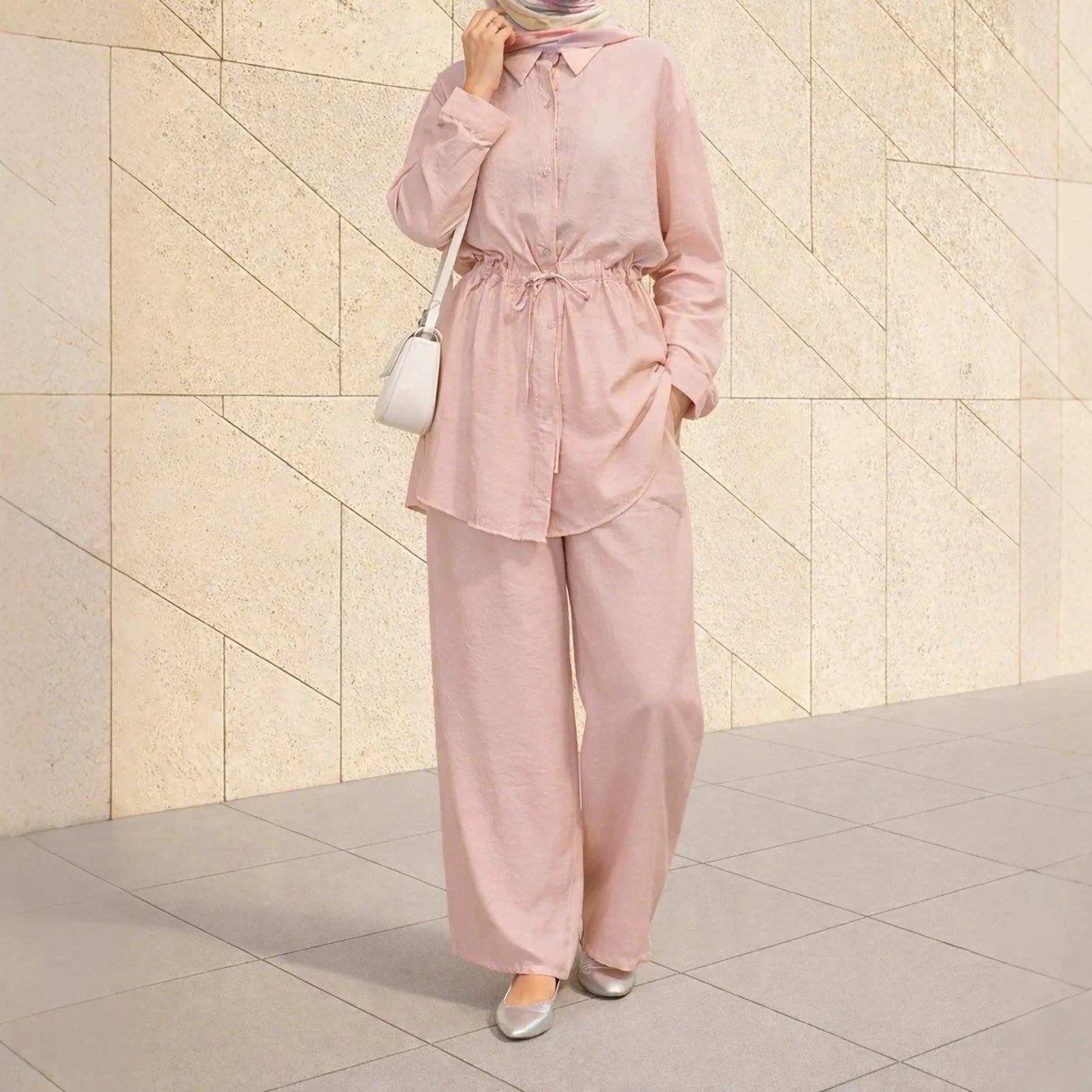 Shirts Suit Women Eid Shirt Wide Leg Pants 2 Piece Set Muslim Morocco Top Trousers Outfits Drawstring Ramadan Dubai Ensemble