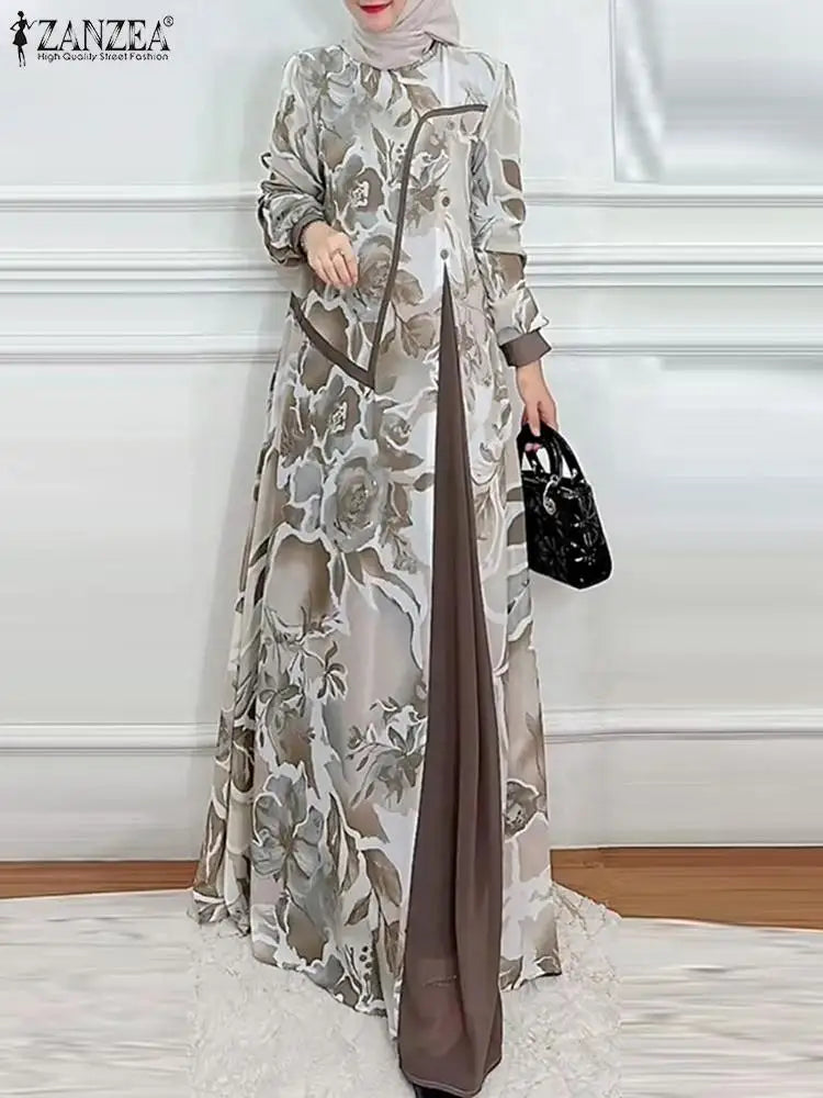 Patchwork Vintage Long Sleeve Printed Abaya Maxi Dress