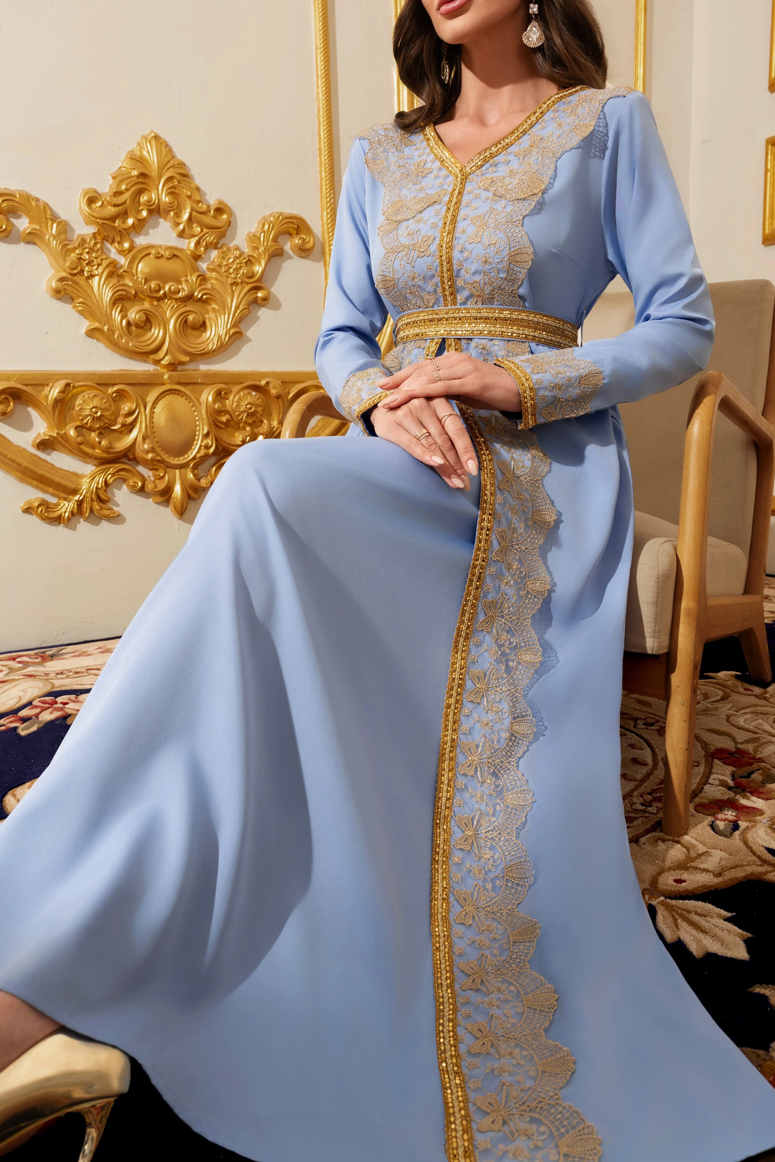 Gold Embroidery V-Neck Muslim Kaftan Maxi Dress