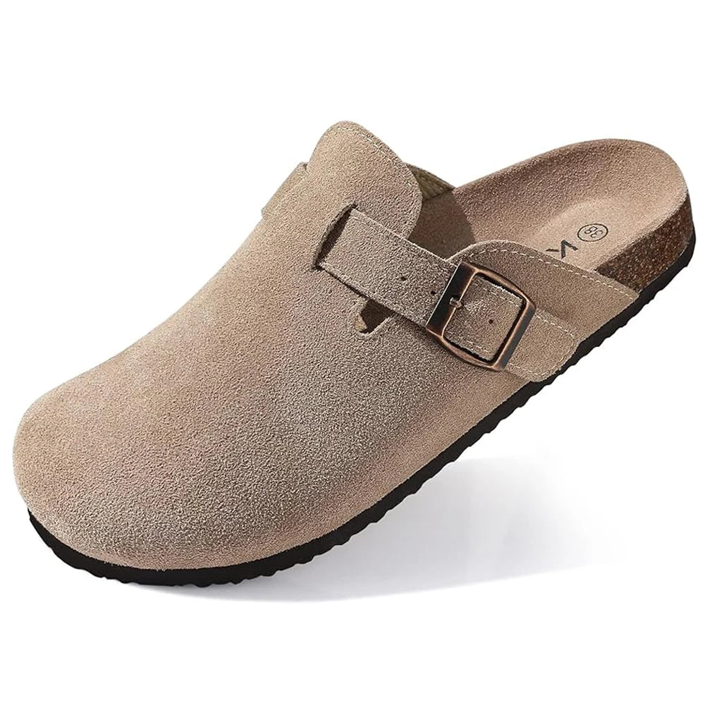 Women's Cork Mules – Suede-Look Slip-On Clogs with Buckle