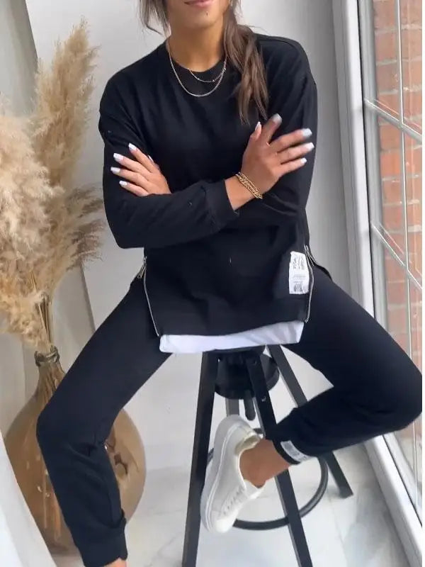 New Autumn Patchwork Loose Two Piece Set  Women's Fashion Long Sleeve Pullover Suit Casual Hoodie Sports Pencil Pants Outfits