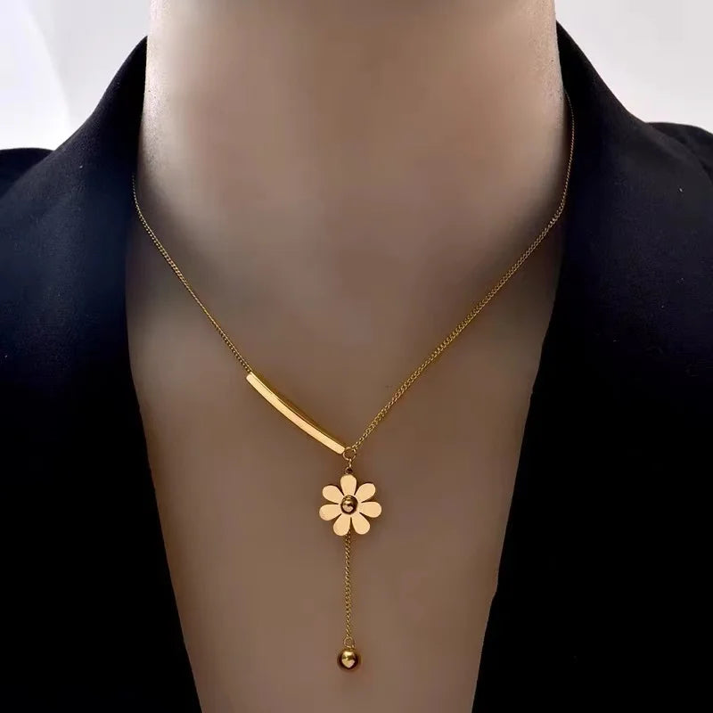 Gold Flower Stainless Steel Necklace & Bracelet Set