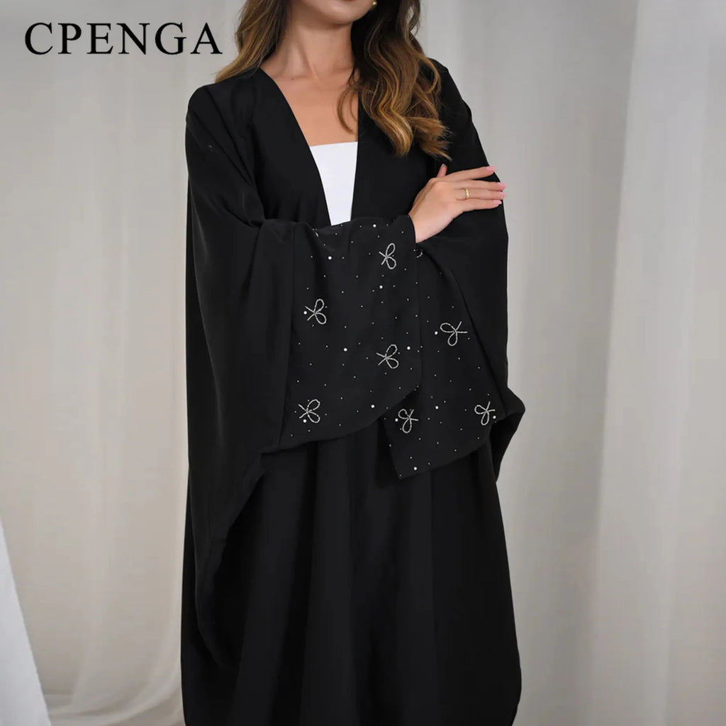Beaded Bow Open-Front Cardigan Abaya