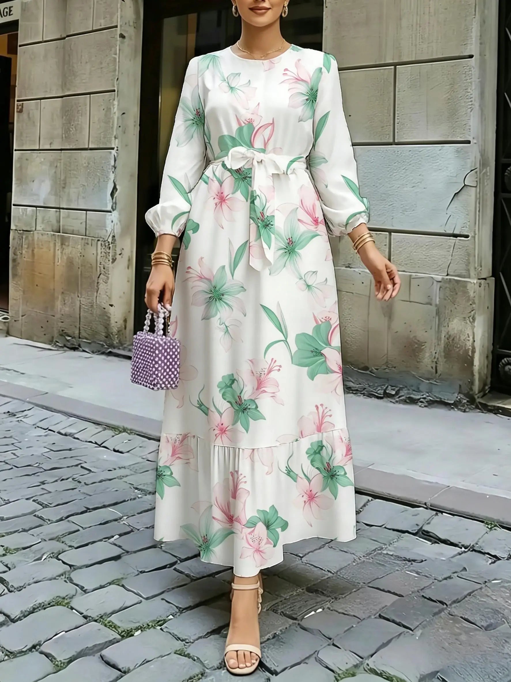 Floral Lantern Sleeve Long-Sleeve Maxi Dress