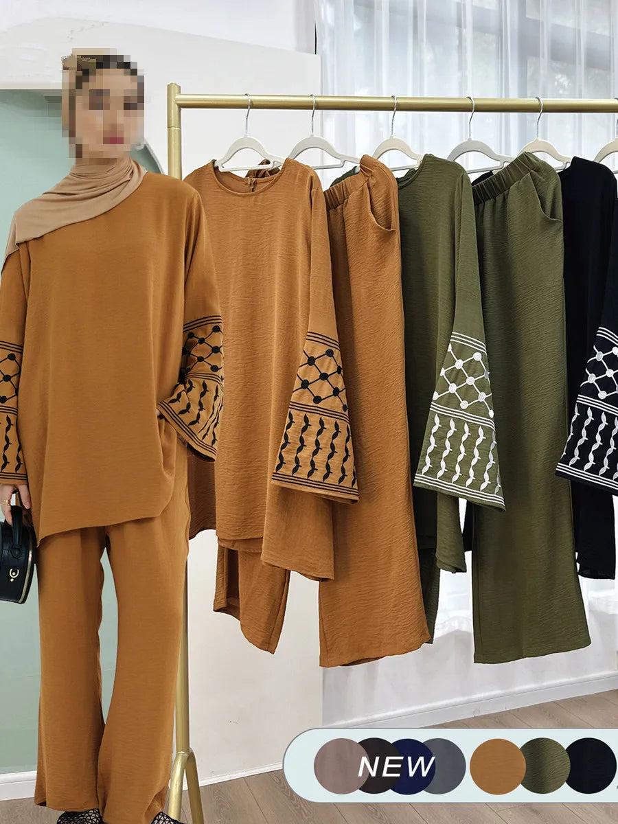 Muslim Abayas For Women Middle East Turkish Embroidery Top Plus Wide-Leg Long Pants Two-Piece Set Ramadan Islam Clothing Set