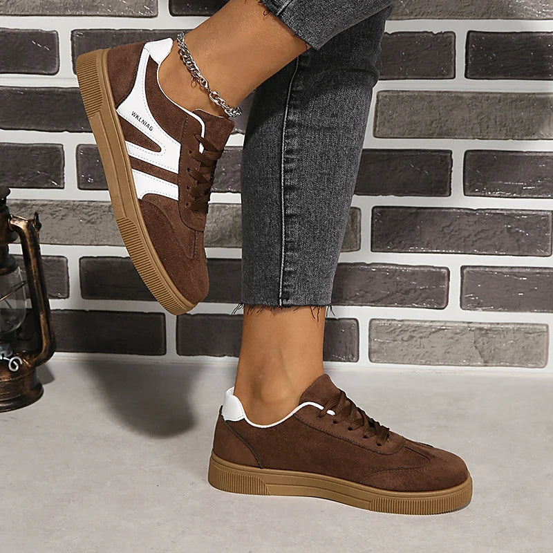 Faux Suede Brown Platform Sneakers Women 2026 Spring Non Slip Flat Heels Casual Walking Shoes Woman Thick Sole Vulcanize Shoes