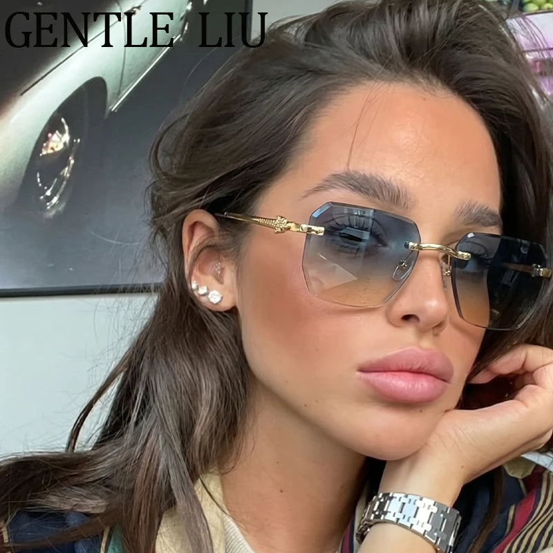 Geometric Square Rimless Sunglasses Women 2026 Luxury Designer Steampunk Leopard Head Metal Sun Glasses Ladies Shades Eyewear