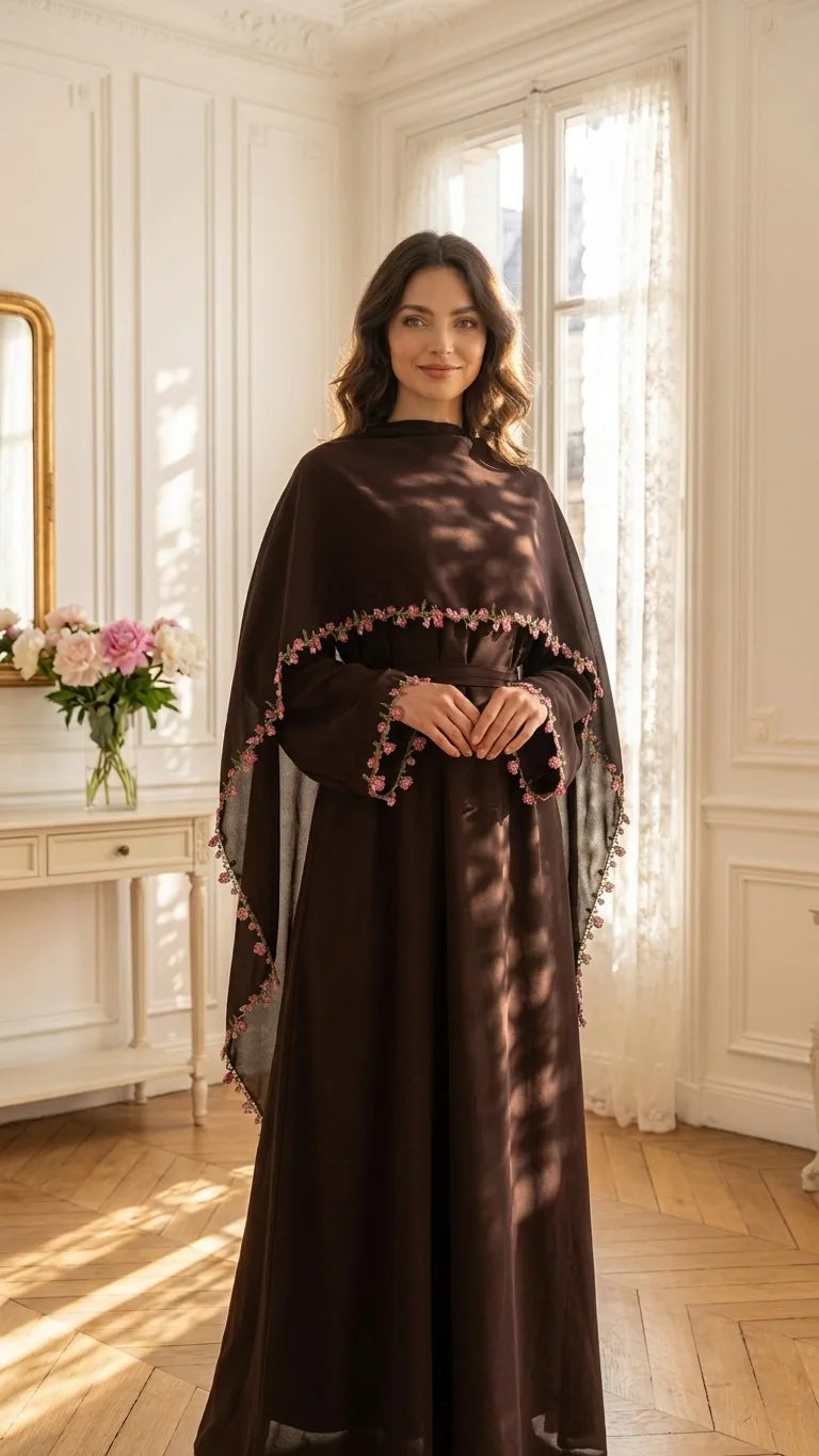 Rose Floral Trim Dubai Abaya with Hijab