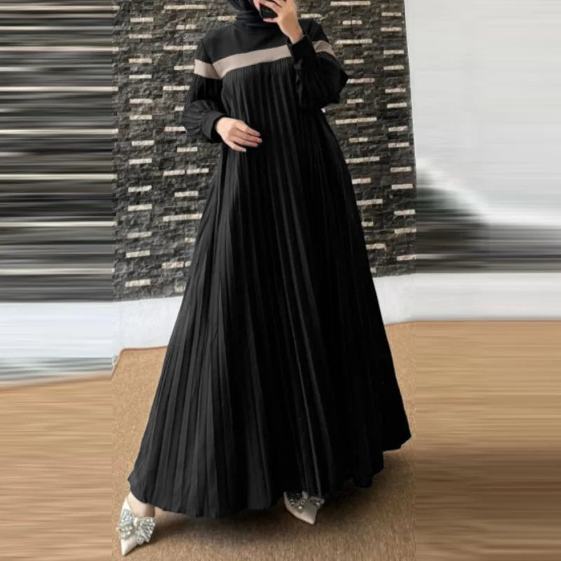 Lantern Sleeve Patchwork Pleated Abaya Maxi Dress