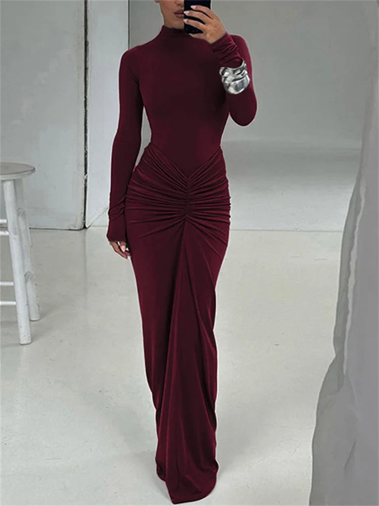 Long Sleeve Ruched Bodycon Maxi Dress
