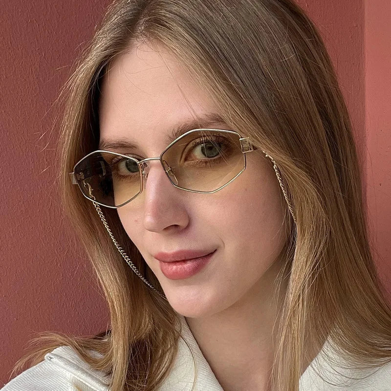 Fashionable Polygonal Metal Sunglasses For Women, Retro Personalized Street Style Sunglasses, Outdoor Casual Chain Sunglasses