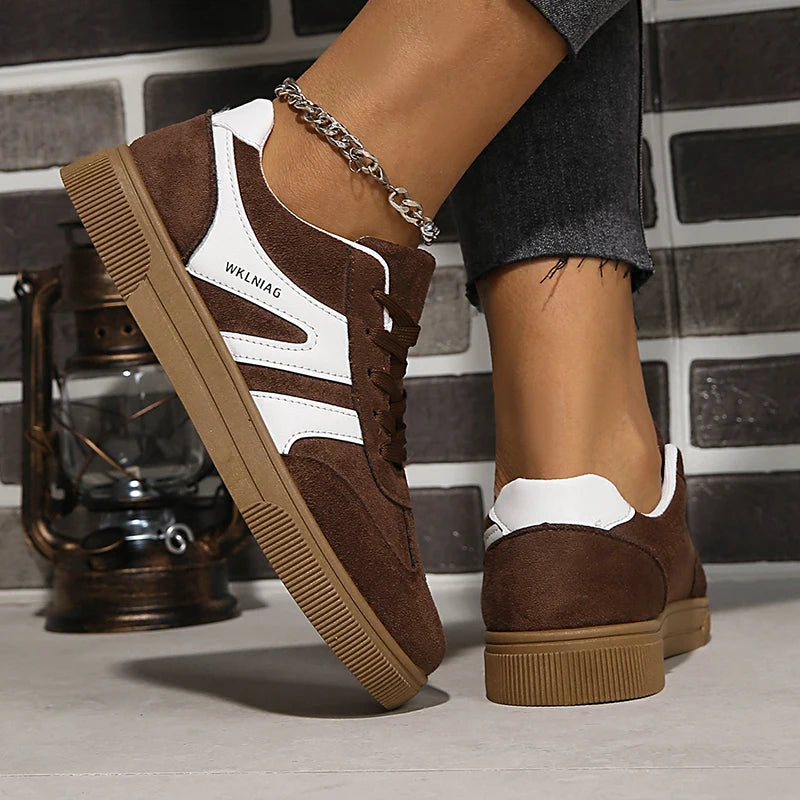 Faux Suede Brown Platform Sneakers Women 2026 Spring Non Slip Flat Heels Casual Walking Shoes Woman Thick Sole Vulcanize Shoes