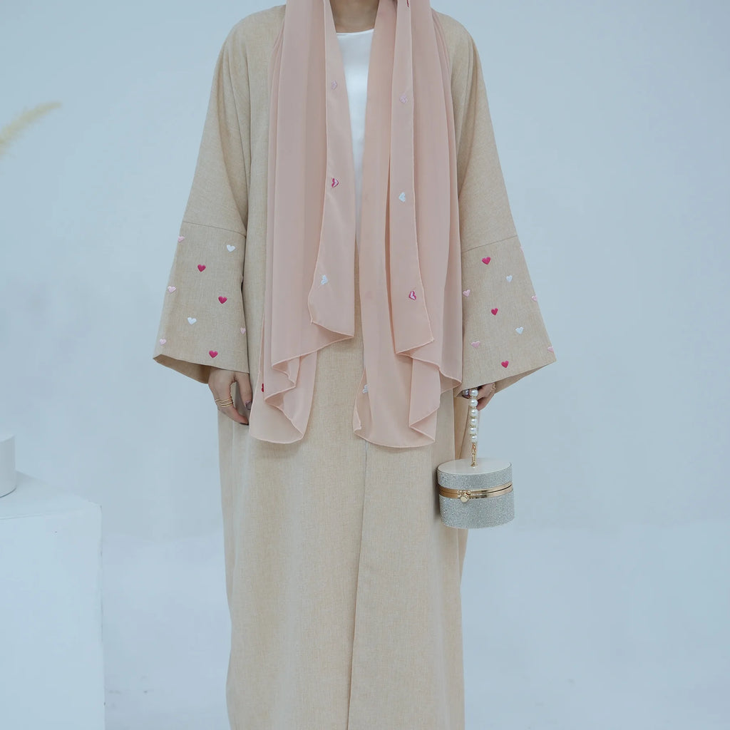 Heart Embroidery Batwing Sleeve Linen Kimono Abaya