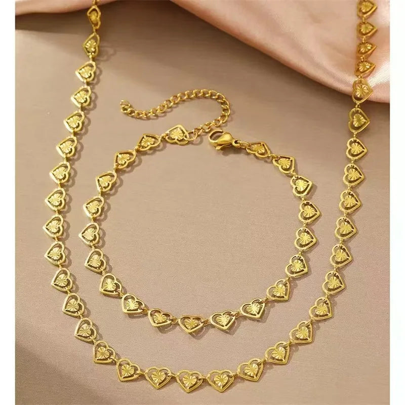 Gold Heart Necklace Bracelet & Earrings Set