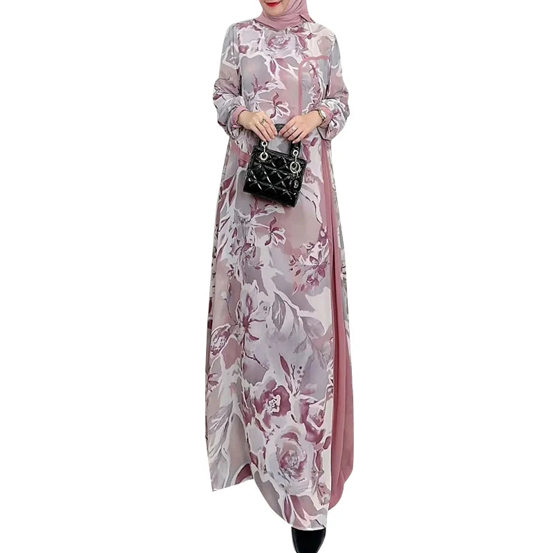 Patchwork Vintage Long Sleeve Printed Abaya Maxi Dress