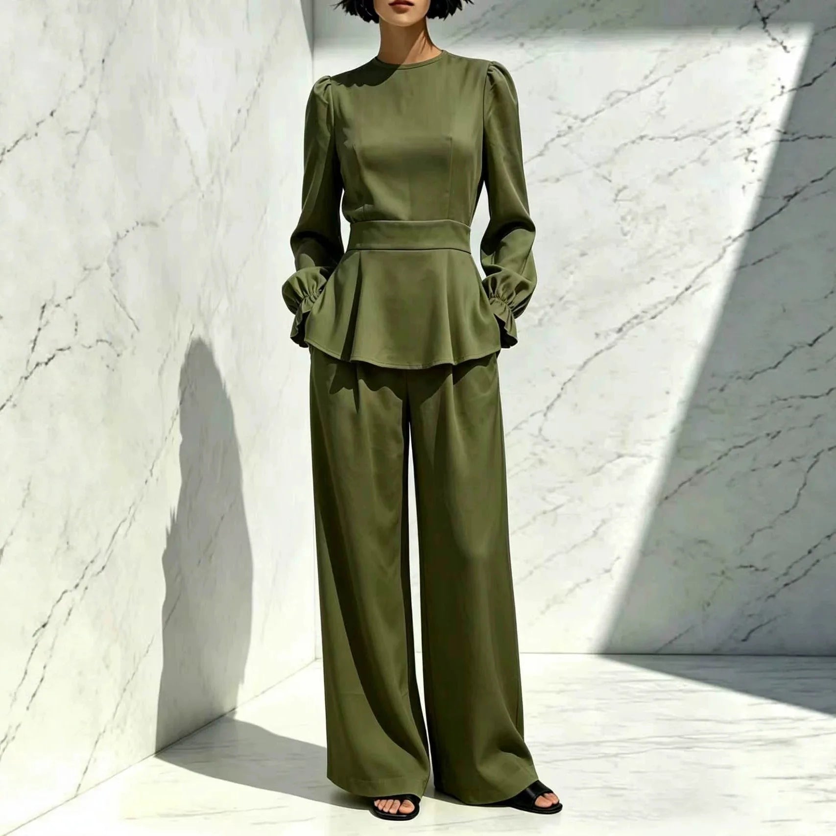 Women spring autumn Elegant 2 Piece Set Round Neck Long Puff Sleeve Flared Hem Top High Waist Wide Leg Pants Office casual Suit