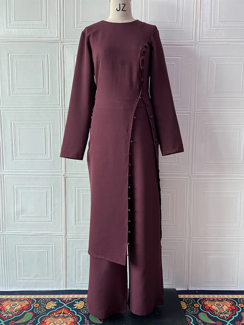 Two Piece Set Women Long Robe Top Wide Leg Pants Suit Ramadan Morocco Dubai Islam Casual Ensemble Femme Muslim Arabic Outfits
