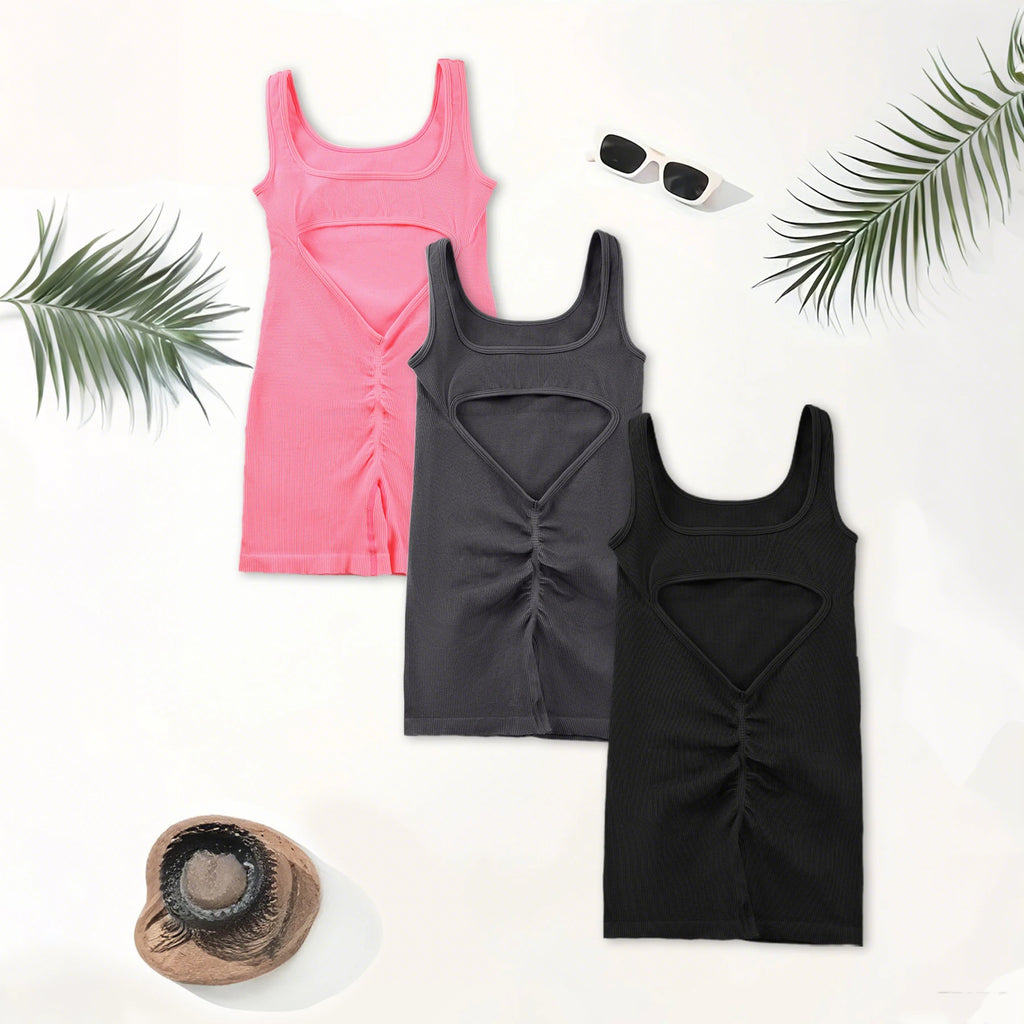 1PCS Backless Yoga Suit U Neck Sleeveless Sports Jumpsuit Solid Colour Threaded Stretch Women Bodysuit Without Bust Pads
