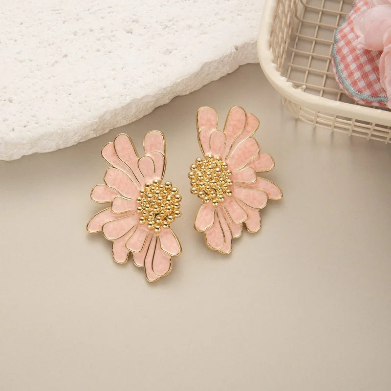 White Pink Metal Petal Flower Stud Earrings