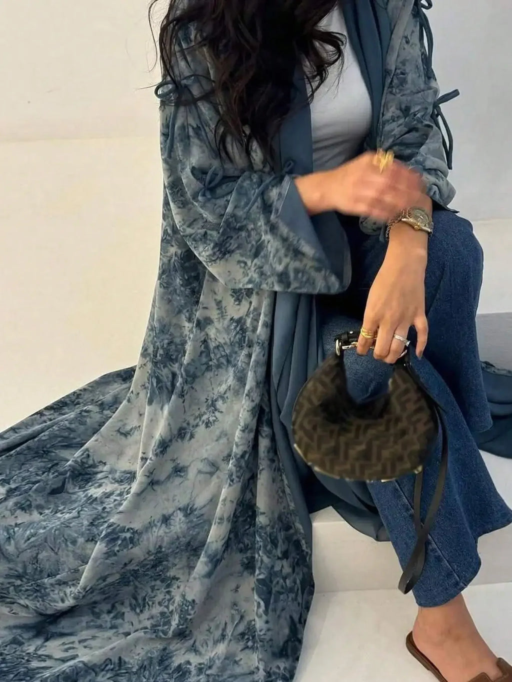 Tie Dye Loose Open-Front Kaftan Abaya Maxi Dress