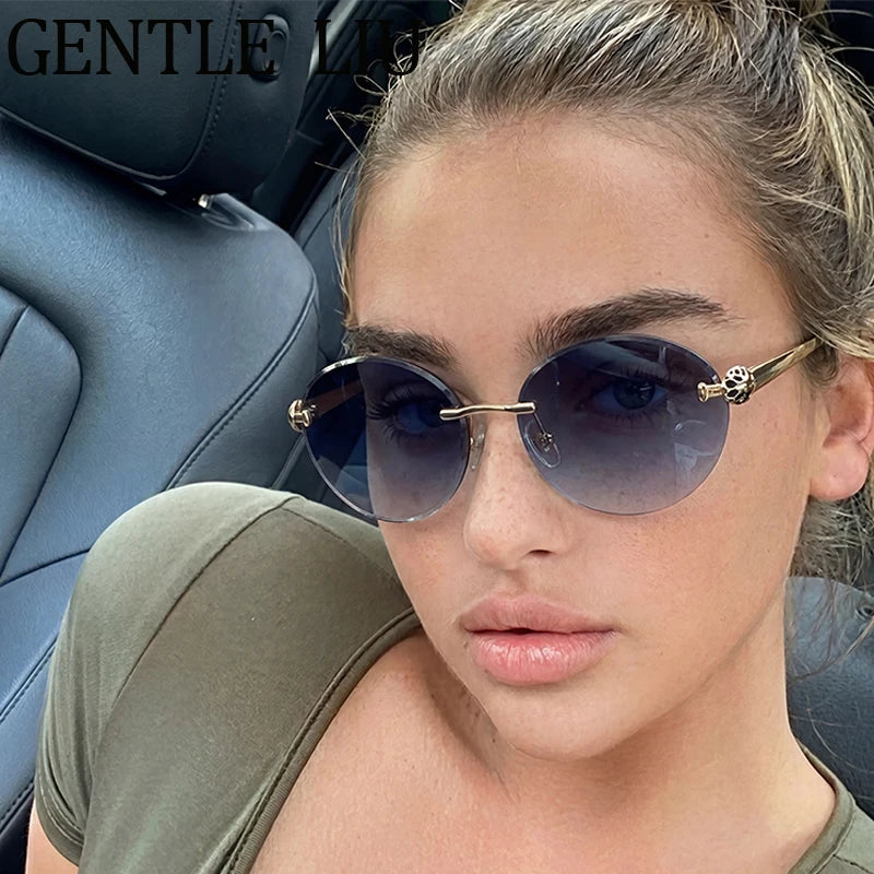 Steampunk Oval Rimless Sunglasses Women 2026 Luxury Brand Vintage Leopard Head Metal Frame Sun Glasses For Lady Driving Eyewear