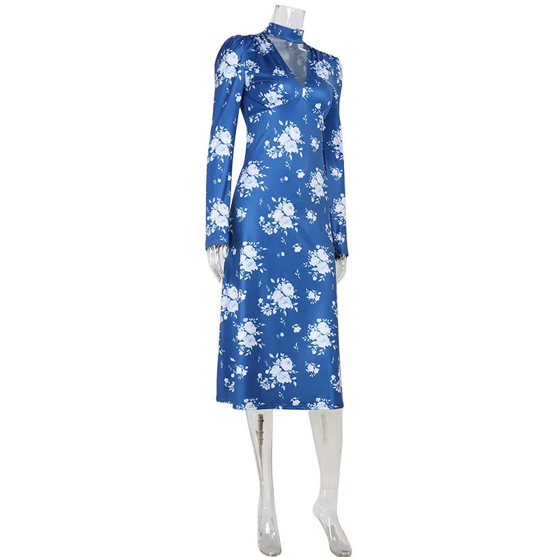 Printed V-Neck Long Sleeve Bodycon Maxi Dress
