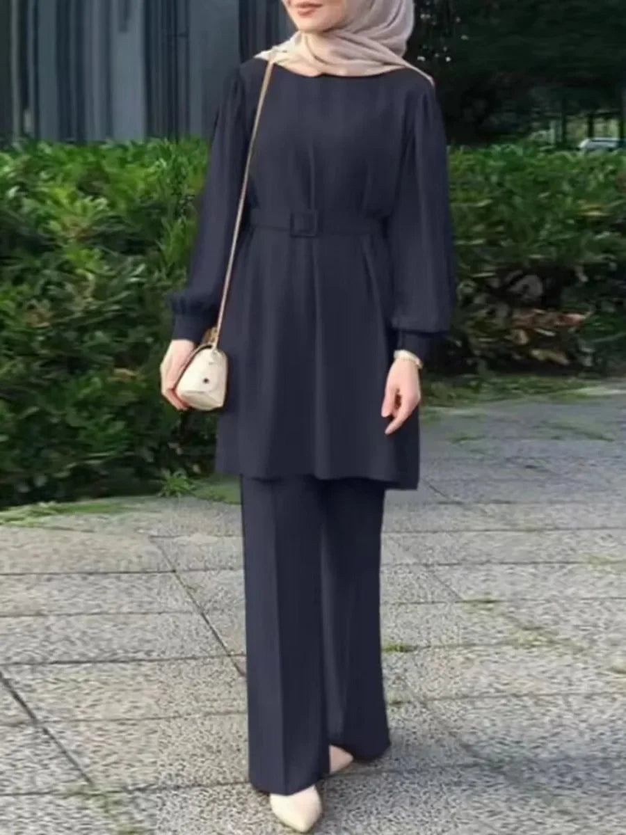 Lace-Up Blouse & Wide Leg Pants Abaya Set