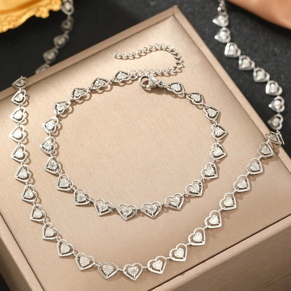 Gold Heart Necklace Bracelet & Earrings Set