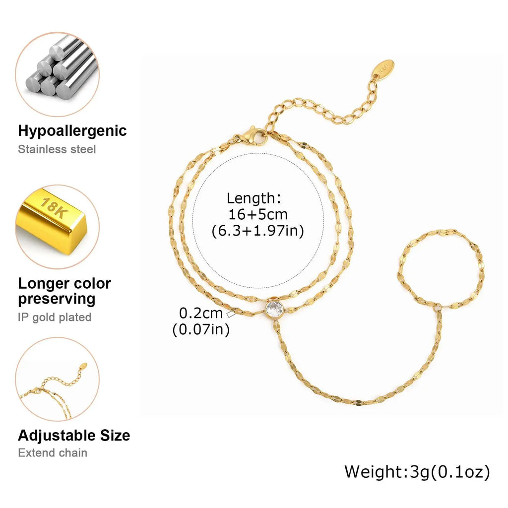Gold Double Layer Hand Chain Ring Bracelet