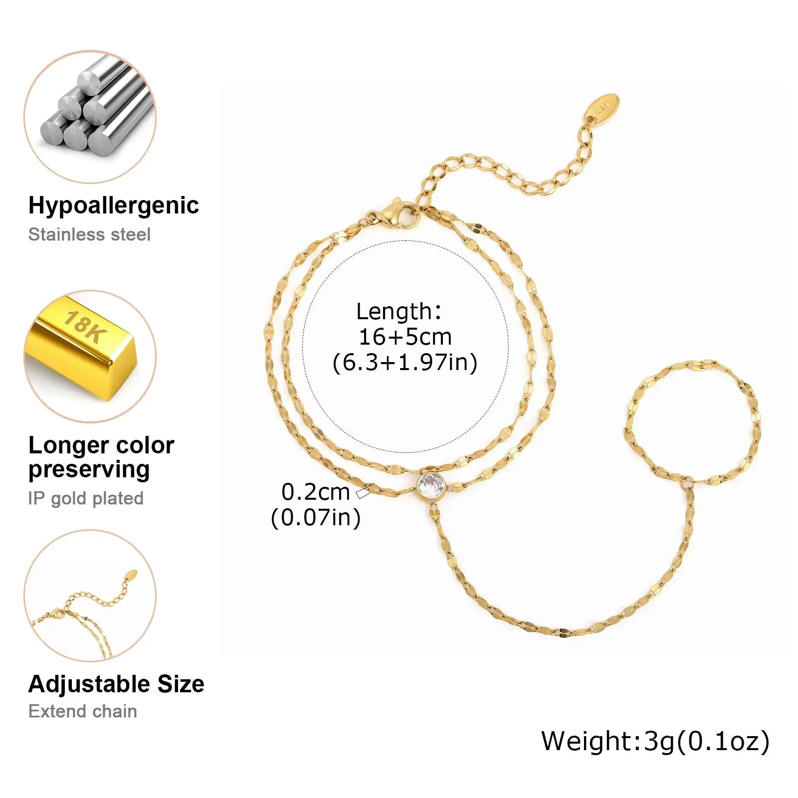 Gold Double Layer Hand Chain Ring Bracelet