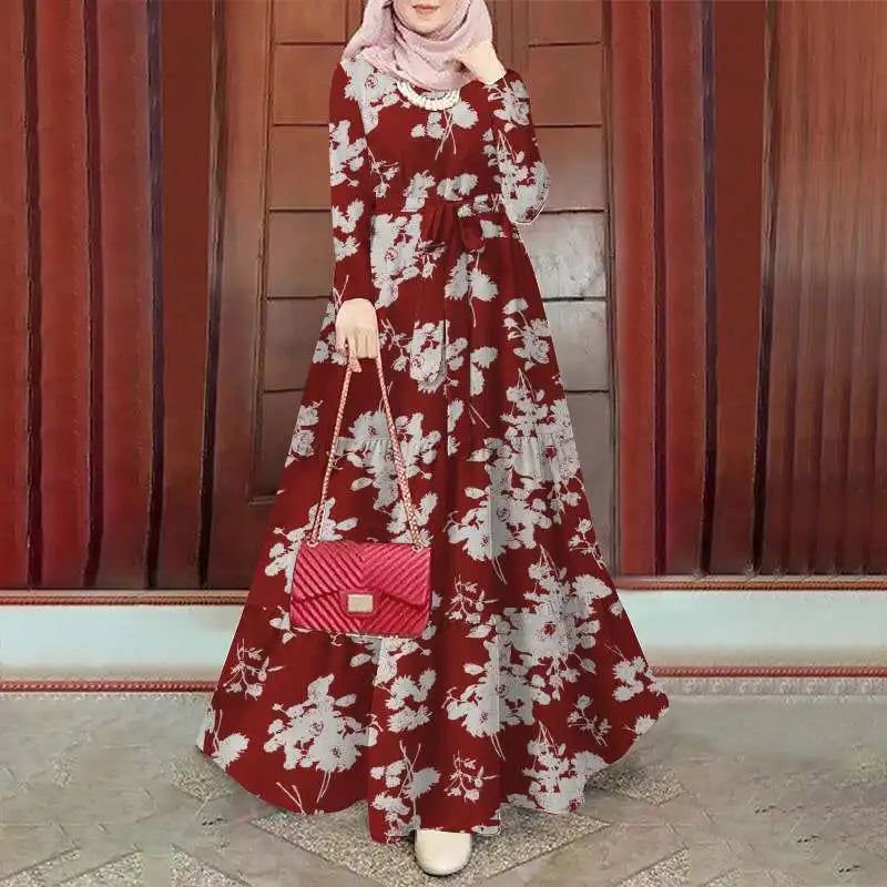 Floral Bohemian Tiered Belted Abaya Maxi Dress