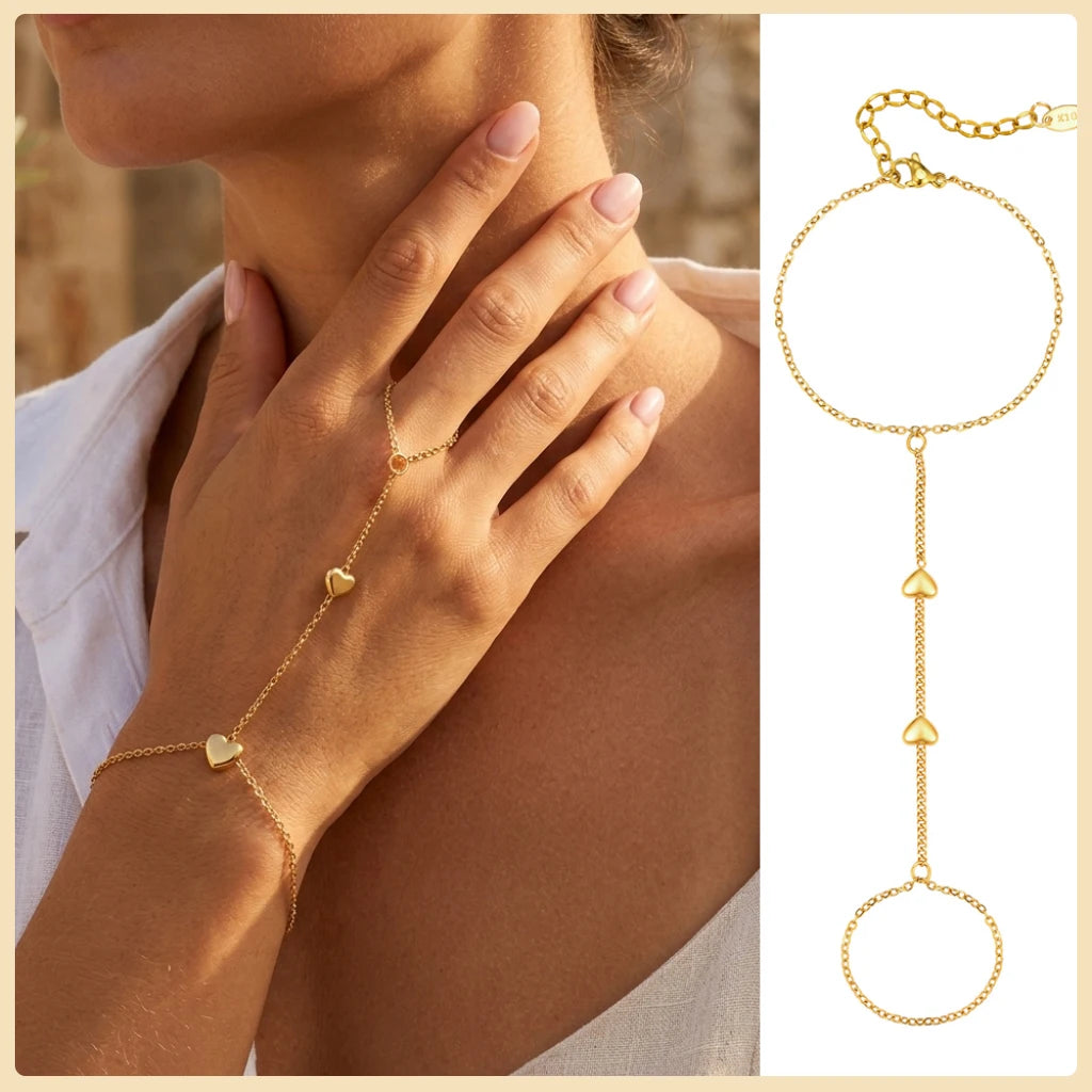 Gold Double Layer Hand Chain Ring Bracelet